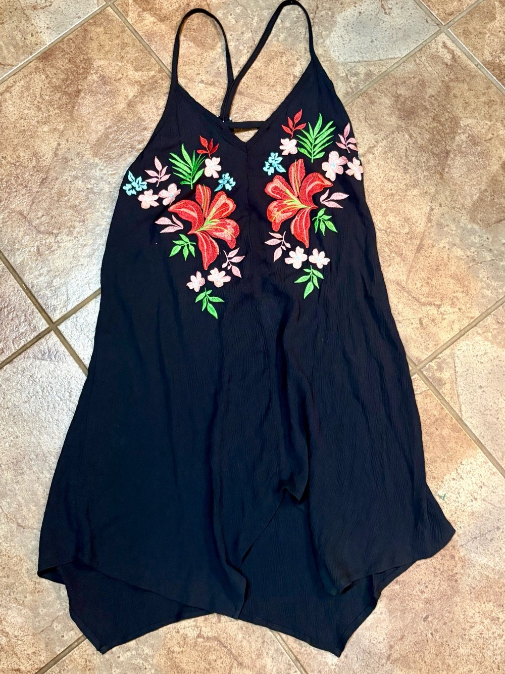 Xhilaration Black Spaghetti Strap Slip Dress with Colorful Floral Embroidery-Sm